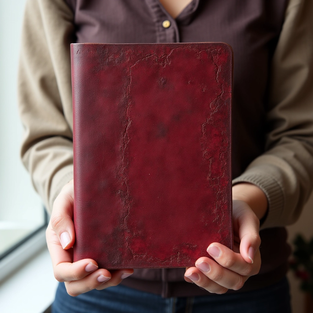 Worn burgundy leather notebook showing rich patina development, natural creasing and color variations from regular use