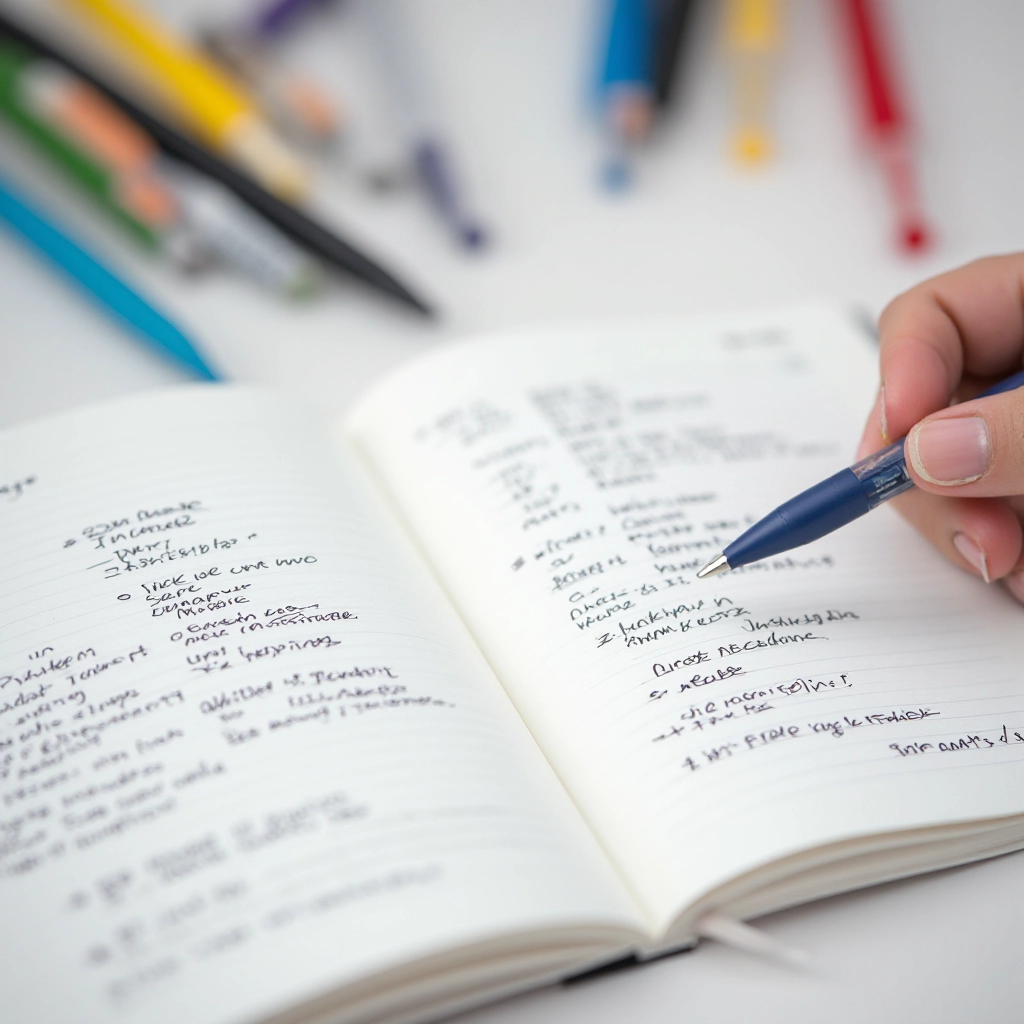 Close-up of planner pages showing handwritten notes, calendar dates marked, and assignments listed with different colored pens