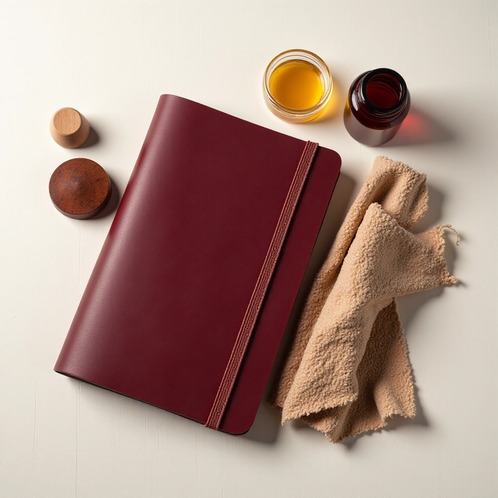 Leather care essentials displayed with burgundy notebook - natural beeswax, soft cloth, leather conditioner