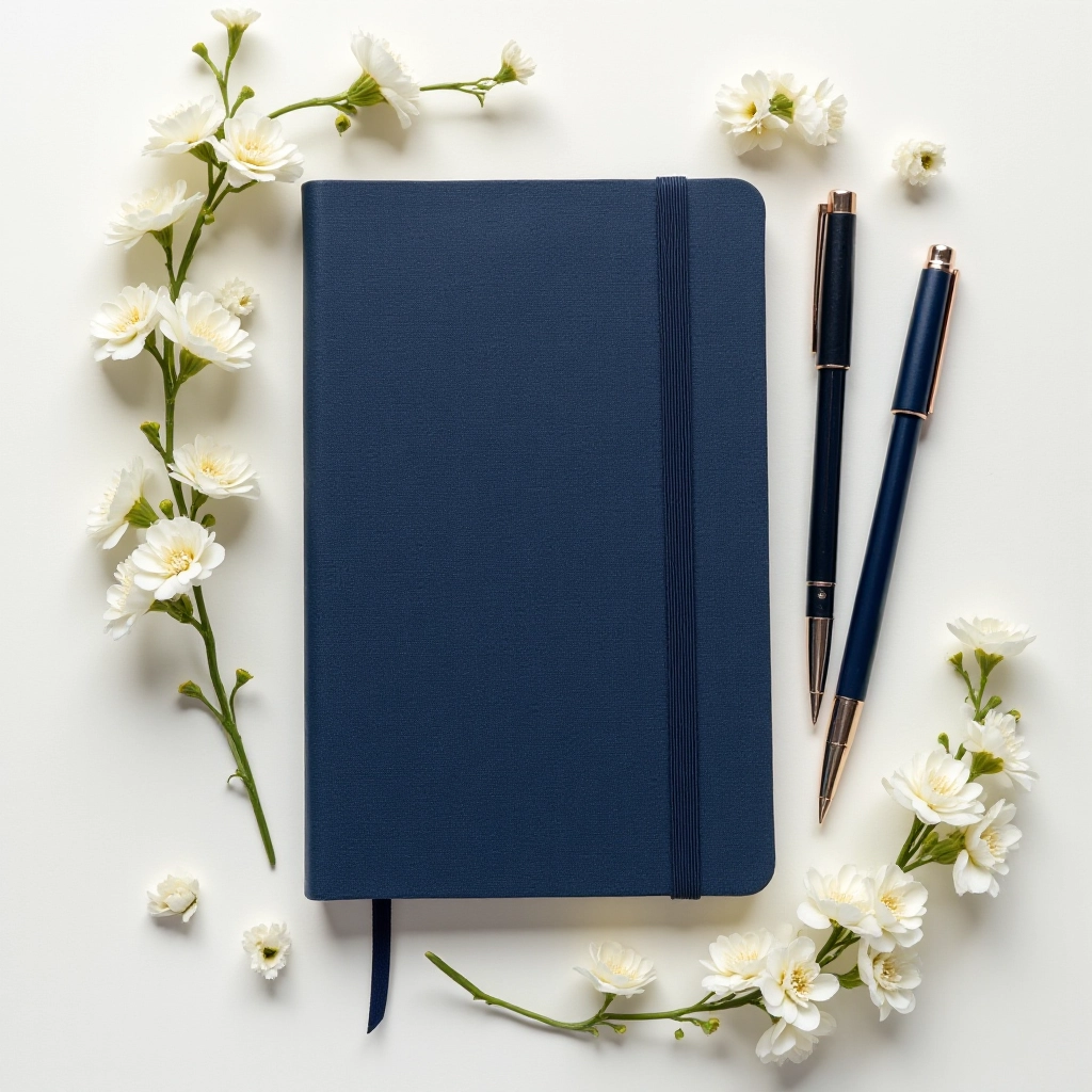 Flat lay of navy journal with ribbon bookmark and elastic closure visible, surrounded by writing tools and fresh flowers on neutral background