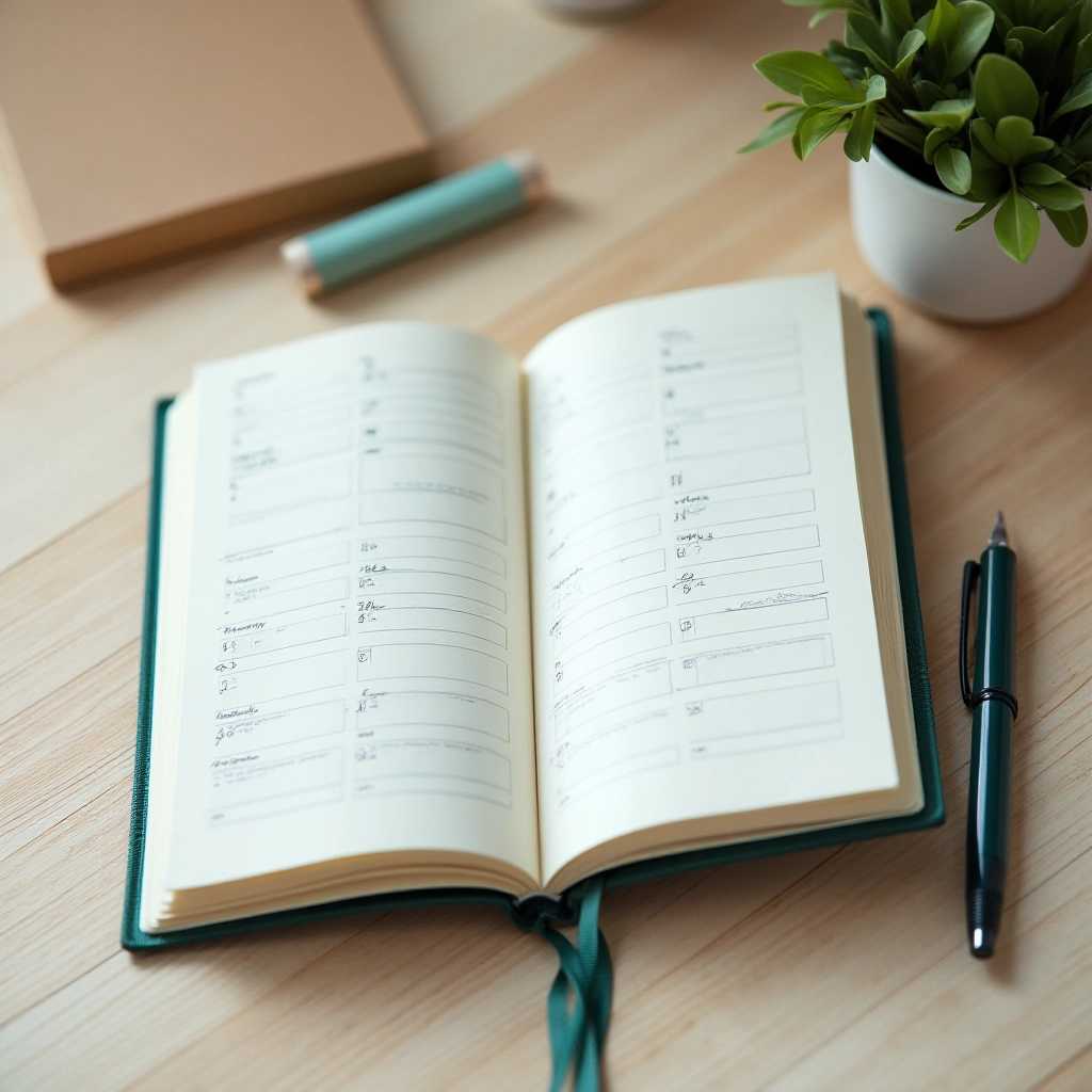 Flat lay of forest green planner with pen, coffee cup, and notebook on wooden desk, warm natural lighting