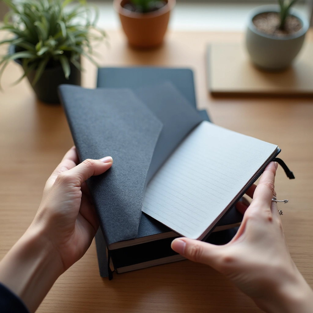Hands gently holding open journal showing care and attention to the pages and binding