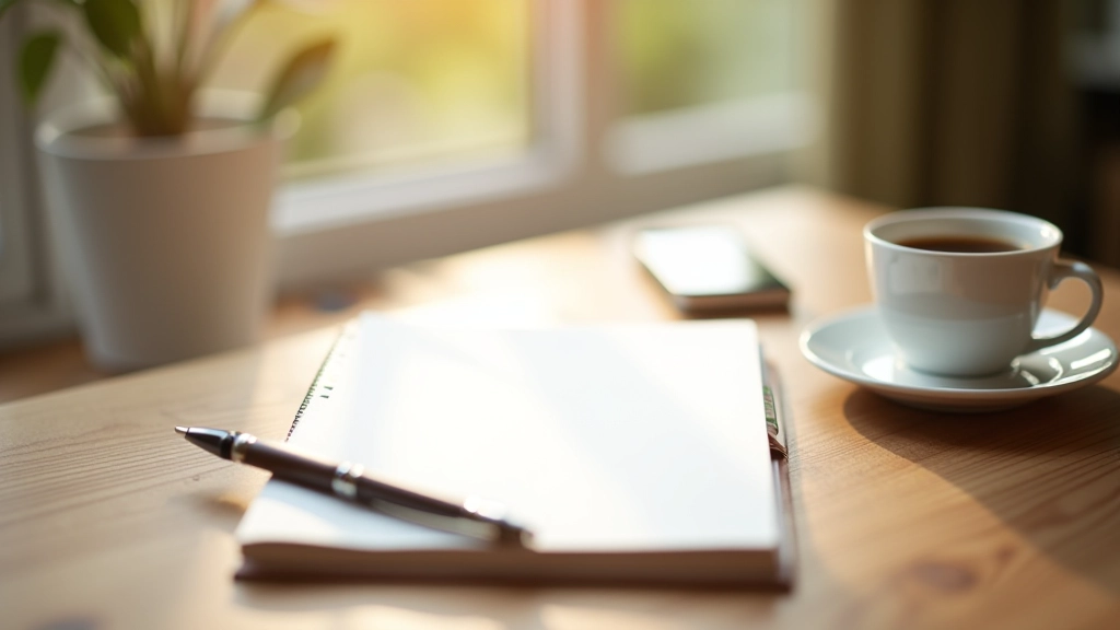 Modern workspace with quality writing tools, notebook, pen, and coffee on wooden desk, morning light, clean composition, sharp focus