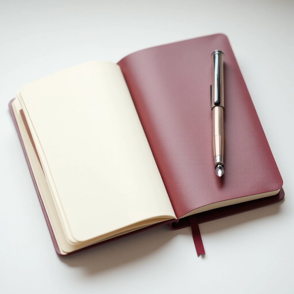 Close-up of burgundy leather notebook opened flat, showing cotton rag paper pages with fountain pen resting on page