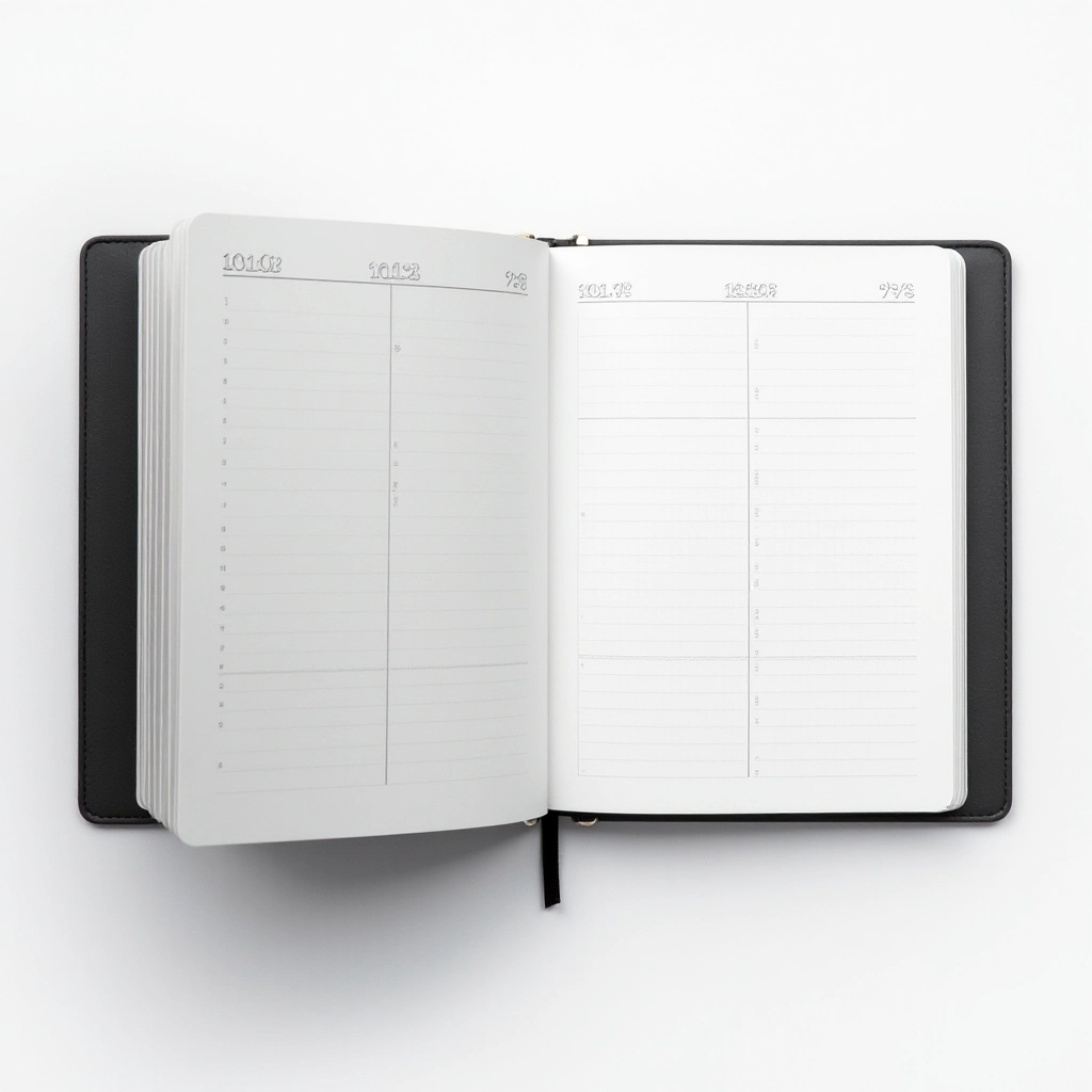 Black hardcover weekly organizer open to hourly time-blocking spread with grid layout on white background