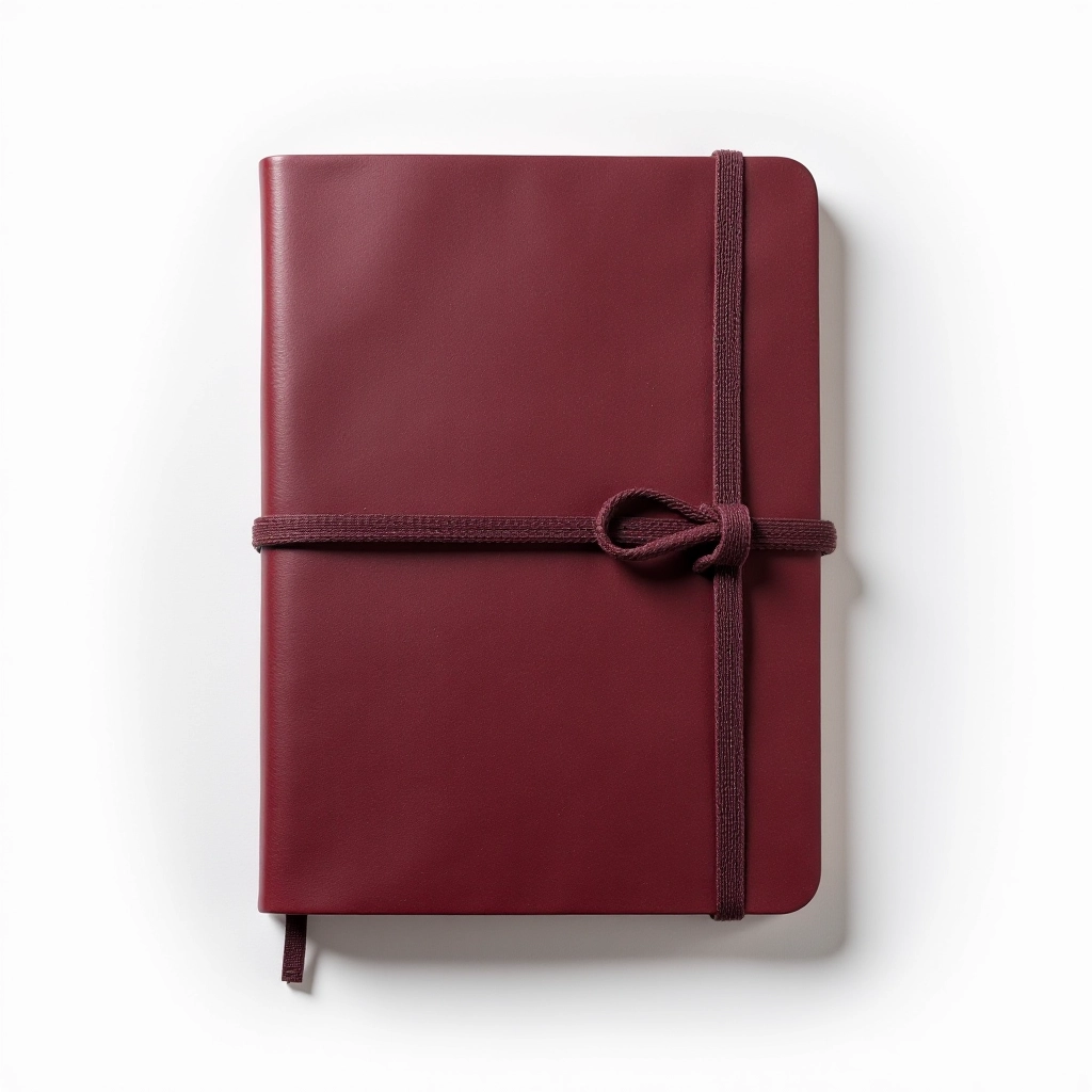 Burgundy leather notebook with hand-stitched spine and elastic closure on white background