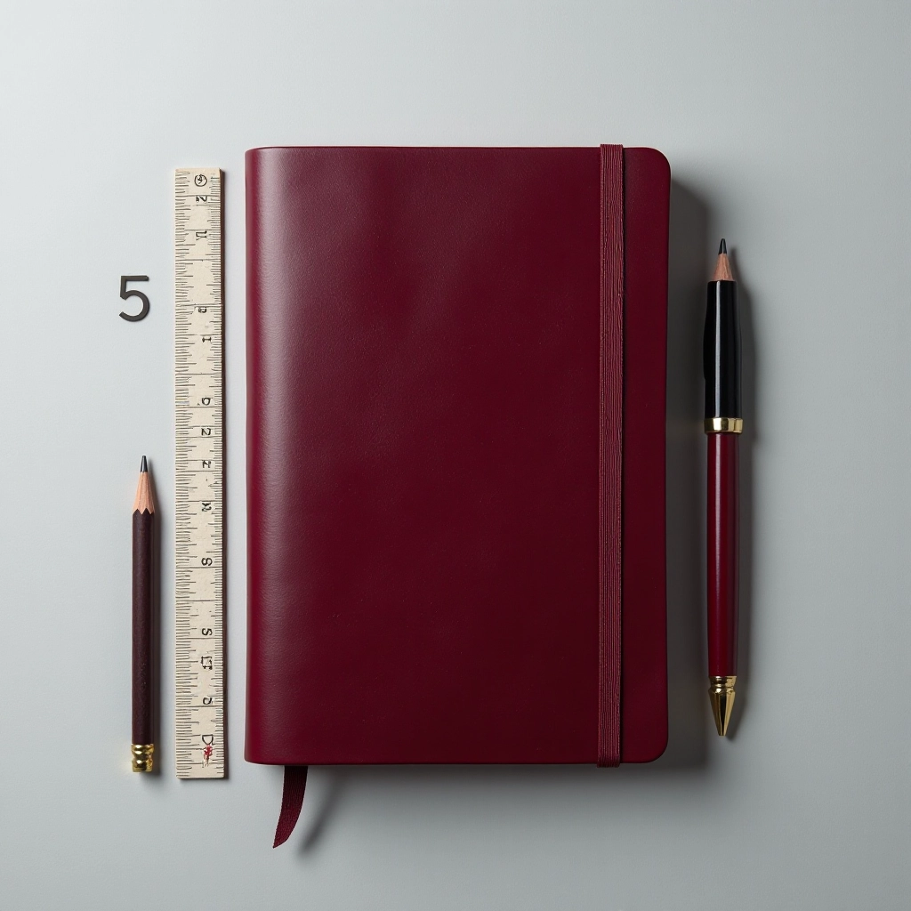 Flat lay of burgundy leather notebook showing dimensions and scale with measuring ruler and writing implements