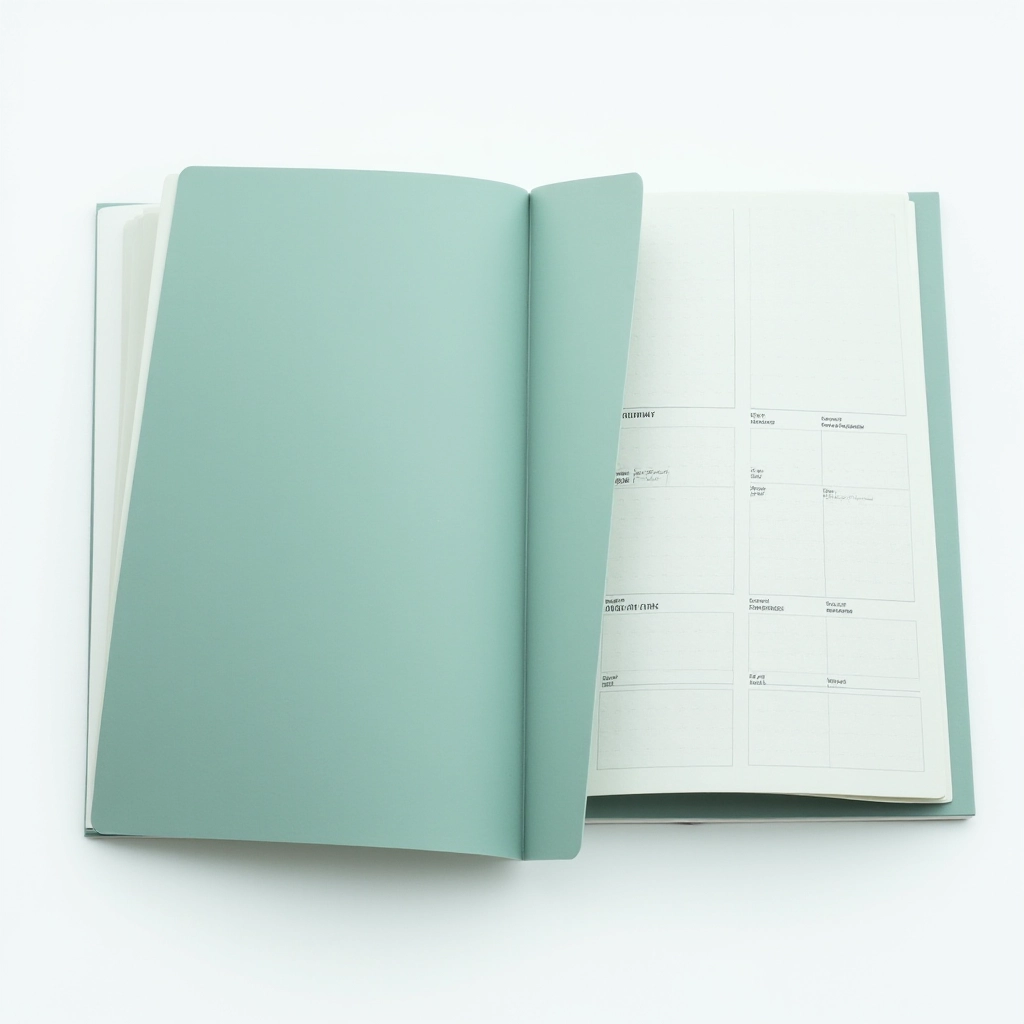 Forest green hardcover planner open to weekly spread with grid layout and assignment tracker on white background