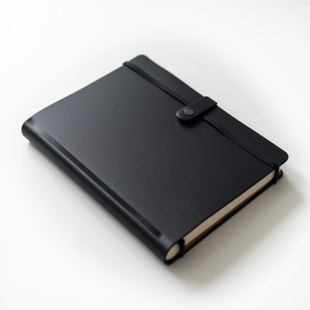 Close-up of black organizer cover showing quality leather texture and silver binding details with professional styling